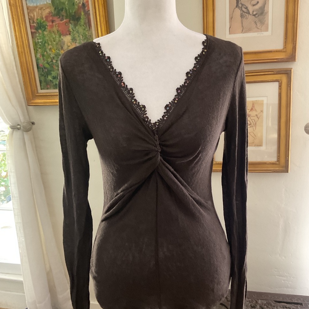 Velvet Brown Long-Sleeve Twist Front V-Neck Top